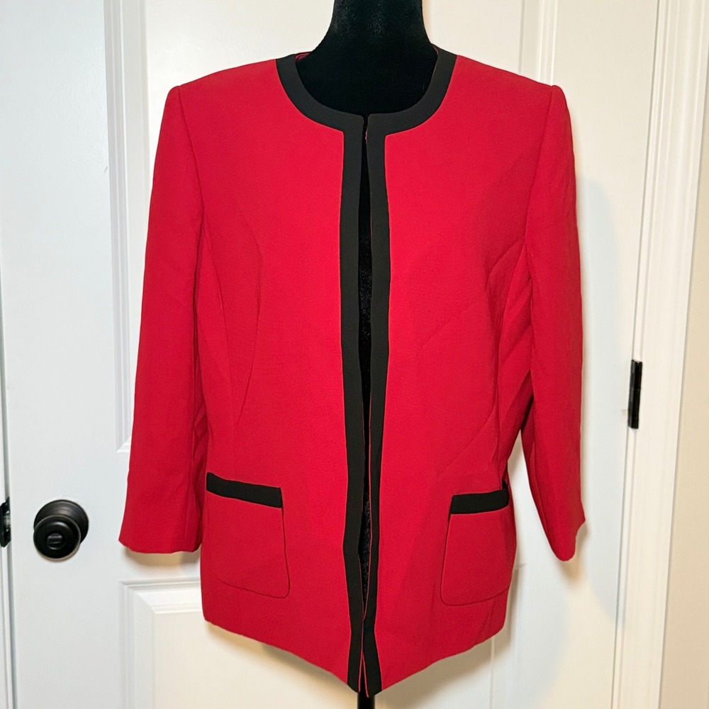 Preston & York Red Black Trim Open Front Blazer Womens Size 14 Holiday Office